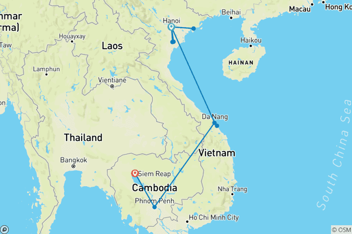 Kaart van 11-daagse reis door een wonderbaarlijk landschap: de landschappen van Vietnam en de tempels van Cambodja