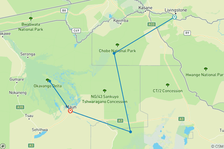 Mapa de Lo mejor de África: Chobe, las salinas de Makgadikgadi, el delta del Okavango y las cataratas Victoria - 10 días