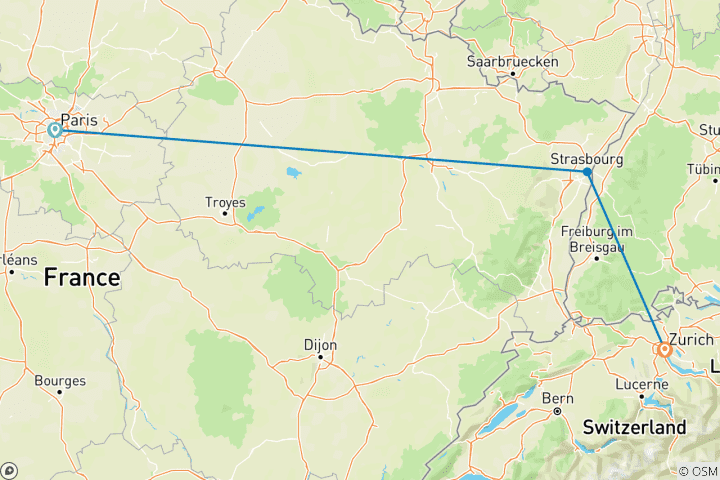 Karte von 7 Tage Weihnachten im Herzen Europas (Paris, Straßburg und Zürich)