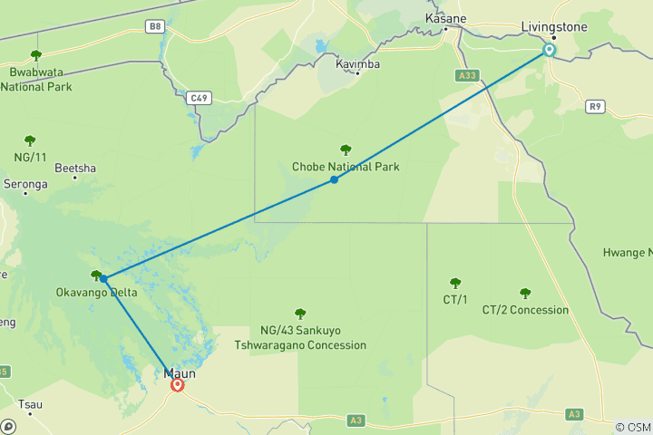 Mapa de Safari de 7 días con traslado en avión a las Cataratas Victoria, Chobe y el Delta del Okavango