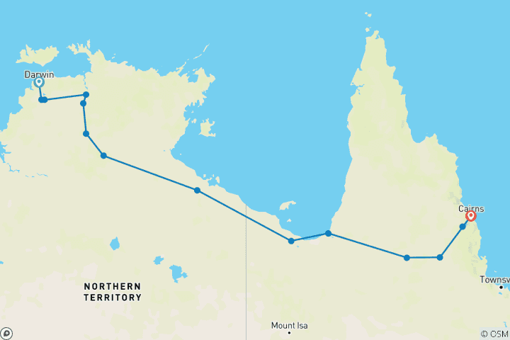 Kaart van Darwin naar Cairns, Savannah Way 10 daagse tour