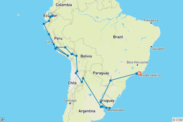 Kaart van De grote Zuid-Amerikaanse reis – een avontuur van Quito naar Rio