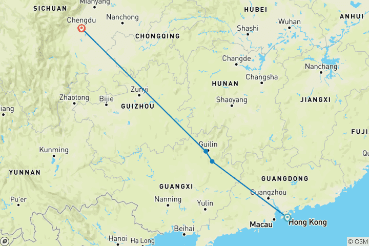 Map of Hong Kong to Chengdu Express: 9-Day China Discovery