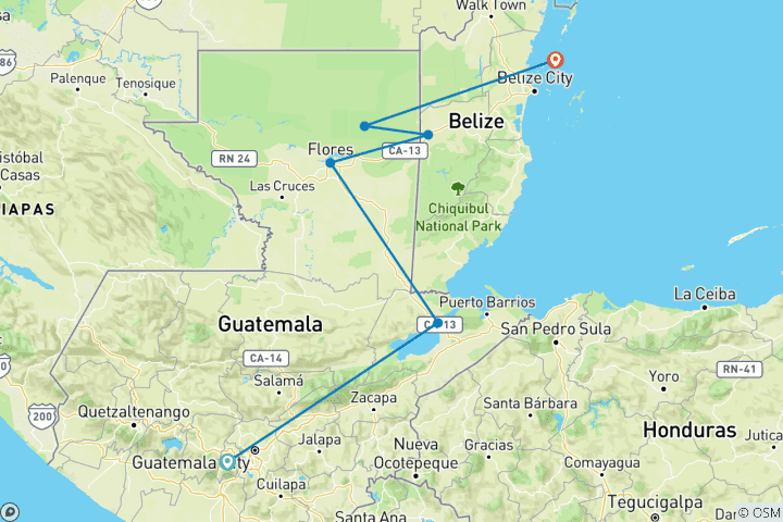 Map of Guatemala to Belize  (12 destinations)