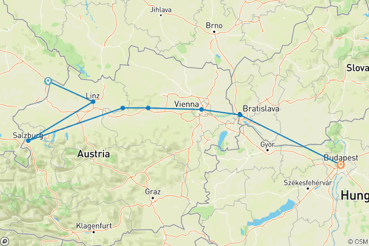 Map of Enchanting Christmas & New Year's (2024) (Passau to Budapest, 2024) (including Salzburg)