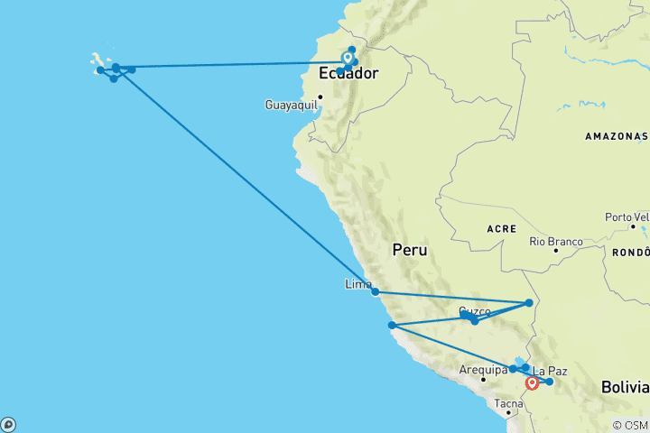 Karte von Galapagos & Peru Erlebnisreise (von Quito bis Desaguadero)