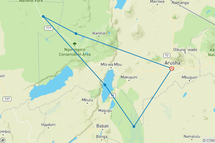 Carte du circuit 6 jours de safari animalier