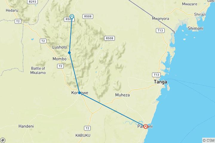 Map of Usambara Mountains and Pangani Beach