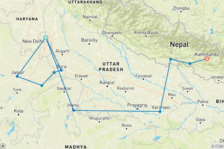 Map of Highlights of India & Nepal (from New Delhi to Kathmandu)