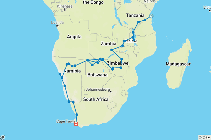 Kaart van Zanzibar naar Kaapstad (33 bestemmingen)