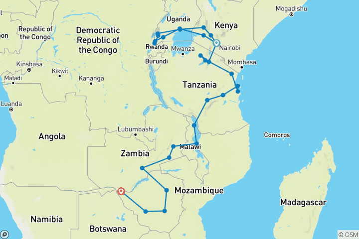 Mapa de De los gorilas a las cataratas de Vic