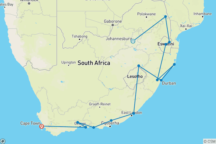 Map of Kruger, Coast & Cape (from Johannesburg to Table Mountain)