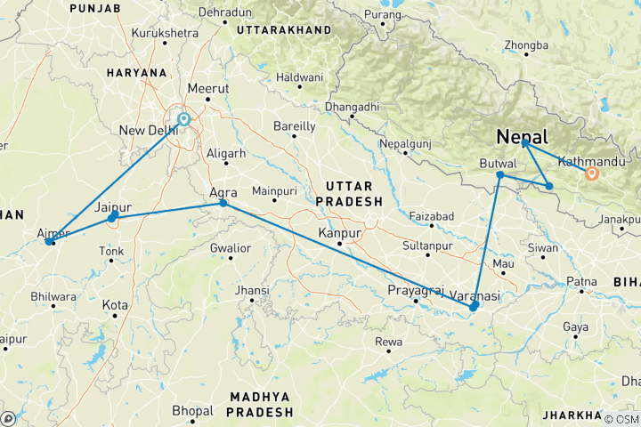 Carte du circuit De Delhi à Katmandou : balades au bord de la rivière et faune exceptionnelle
