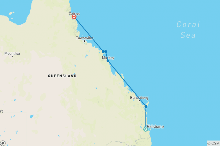 Mapa de Experiencia de Brisbane a Cairns: dunas de arena y Whitsundays