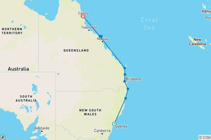 Mapa de La mayor parte de la costa desde Sídney hasta Cairns