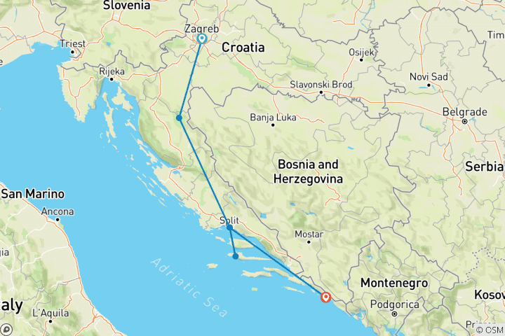 Carte du circuit De Zagreb à Dubrovnik : Les fêtes et les lacs de Plitvice