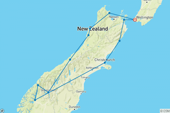 Carte du circuit Nouvelle- Zélande : L'île du Sud au complet