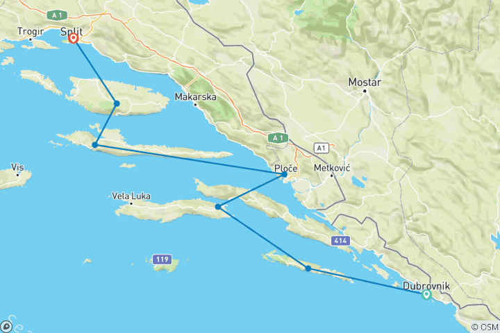 Map of Sailing Croatia - Dubrovnik to Split