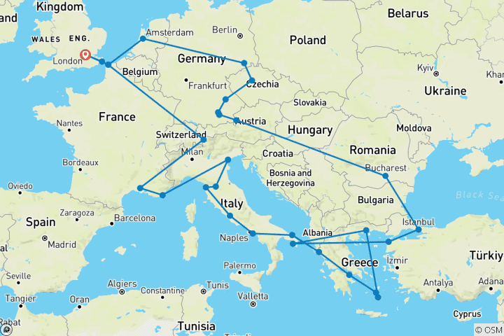 Carte du circuit Ultimate European (plus les îles grecques, départ de Londres)