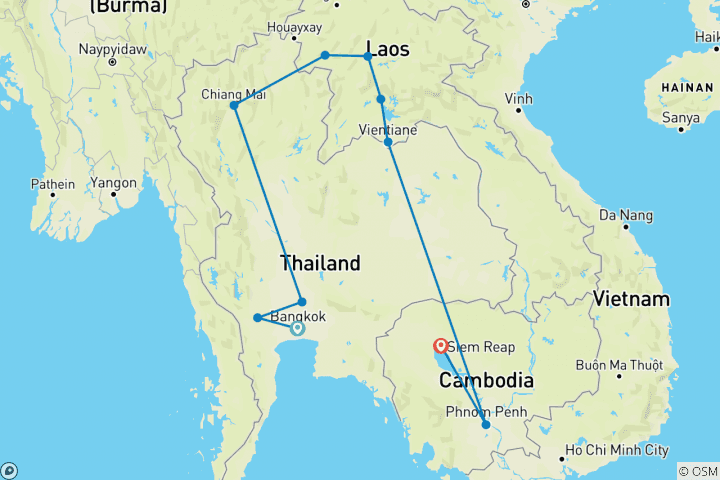 Kaart van Avontuurlijke reis door Thailand, Laos & Cambodja – 16 dagen (12 bestemmingen)