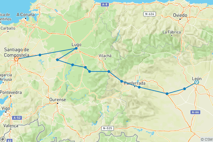 Map of Camino - Leon to Santiago in 15 Days