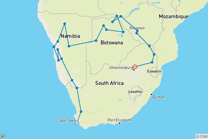 Karte von Von Kapstadt nach Victoria Falls & Krüger (Camping) - 25 Tage