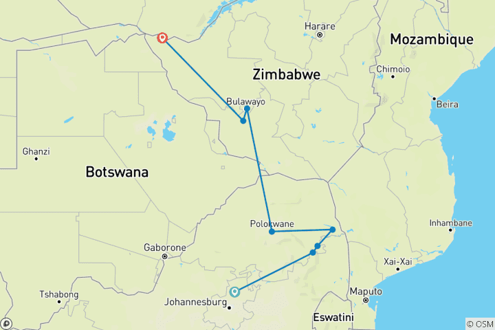 Map of 7-day Kruger & Matobo Rhino Encounter (Accommodated)