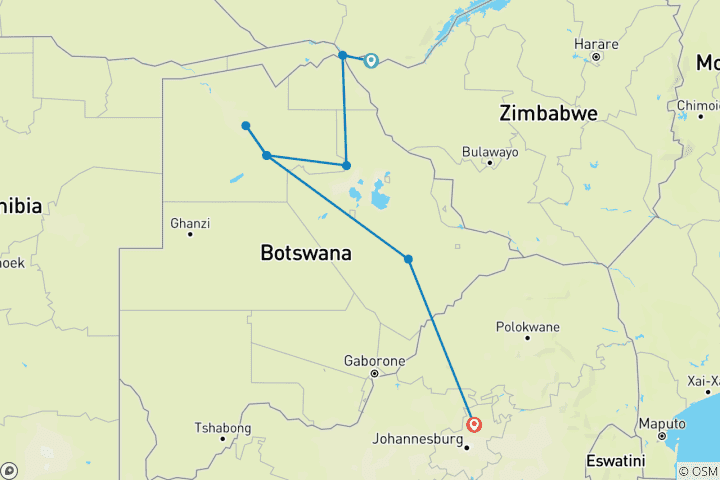 Map of 7-day Okavango Wilderness Trail (Accommodated)