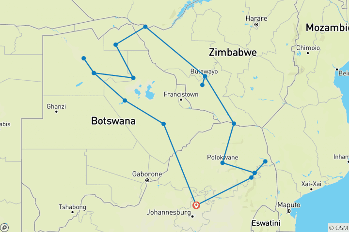 Map of 14-day Kruger to the Delta, Chobe & Victoria Falls (Accommodated)