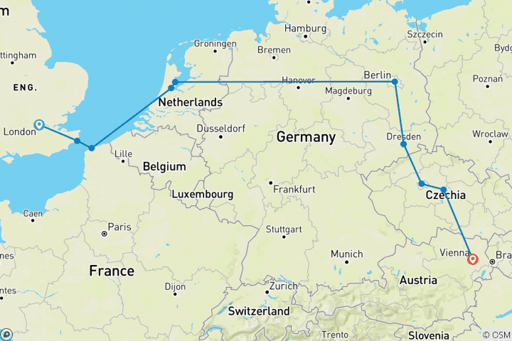 Mapa de Ruta de Londres a Viena - verano - inicia en Londres, 8 días