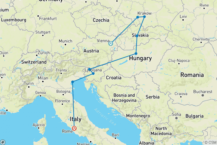 Mapa de Ruta de Viena a Roma - invierno, 9 días