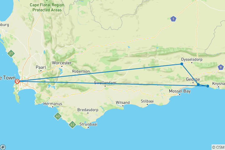 Map of 3 day Garden Route + Safari Highlights Tour from Cape Town