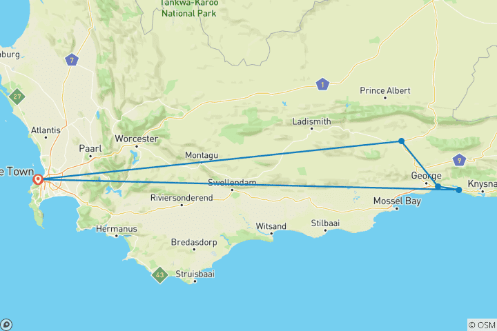 Map of 3 day Garden Route + Safari Highlights Tour from Cape Town