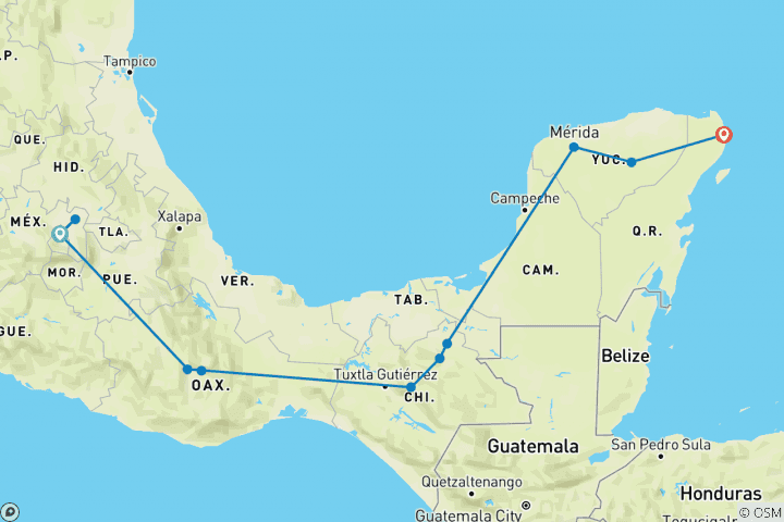 Map of Start in Mexico city end in Cancun (D)