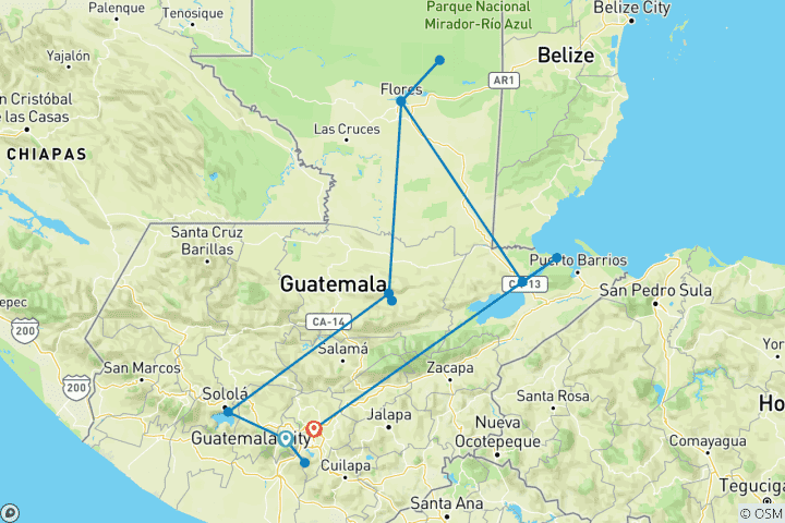 Carte du circuit Début Antigua fin Guatemala City