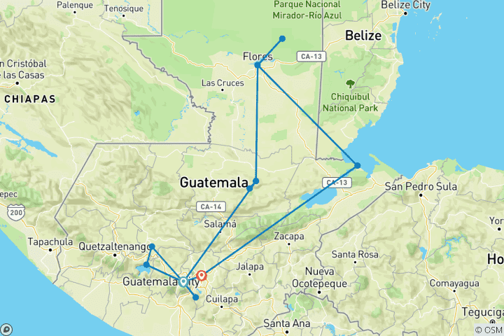 Map of Start Antigua end Guatemala City