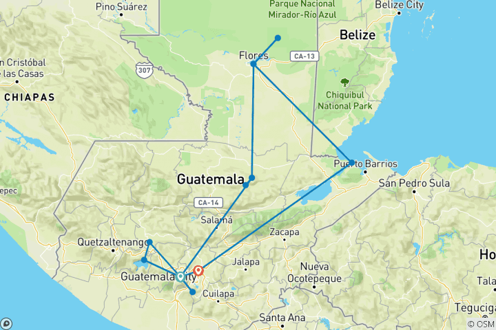 Karte von Mittelamerika Entdeckungsreise - Start in Antigua, Ende in Guatemala-Stadt