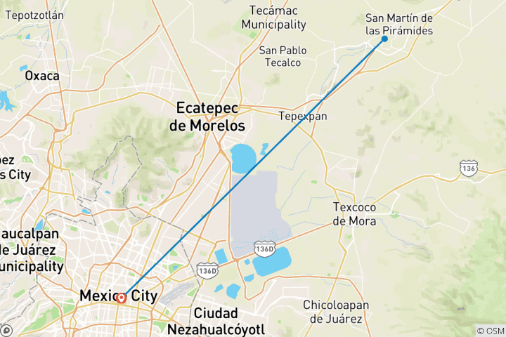 Carte du circuit Pyramides et temples de Teotihuacan depuis Mexico