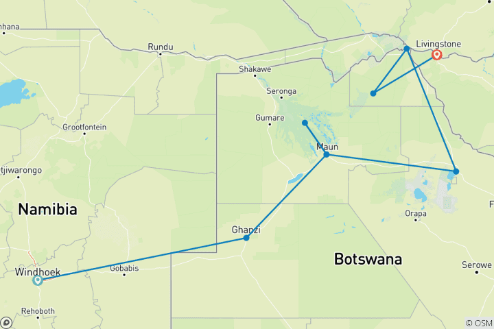 Carte du circuit Aventure au Botswana et aux chutes Victoria
