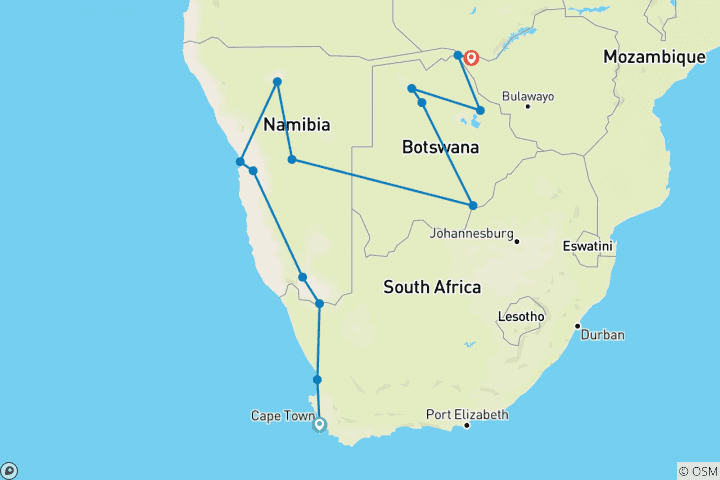 Mapa de Aventura de Ciudad del Cabo a las cataratas Victoria