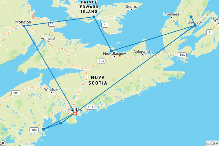 Carte du circuit Merveilles des Maritimes et Cap- Breton pittoresque (11 destinations)