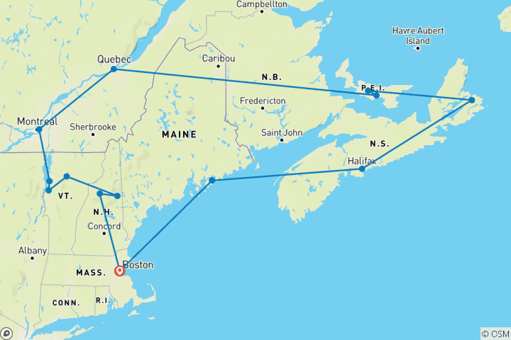 Carte du circuit Passage par la Nouvelle- Angleterre et l'Est du Canada