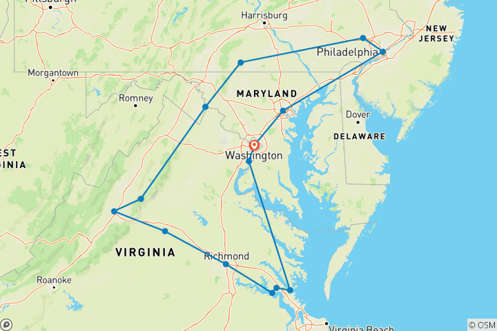 Map of America's Historic East with Extended Stay in Washington DC