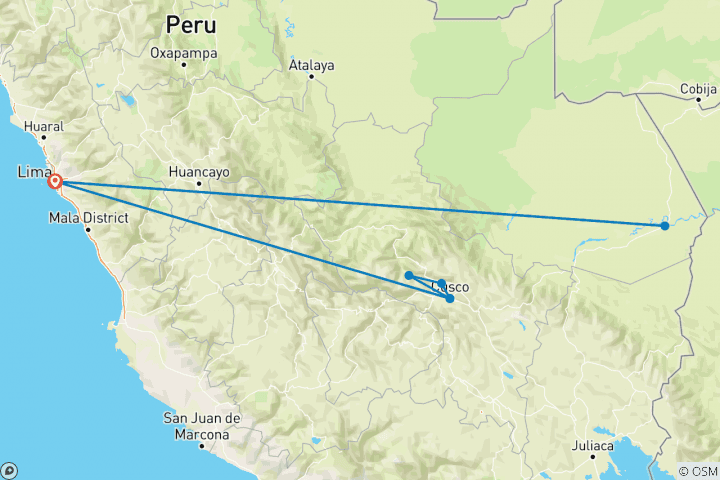 Carte du circuit Splendeurs du Pérou avec l'Amazonie péruvienne