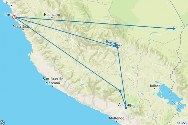 Map of Peru Splendors with Peru's Amazon, Arequipa & Colca Canyon