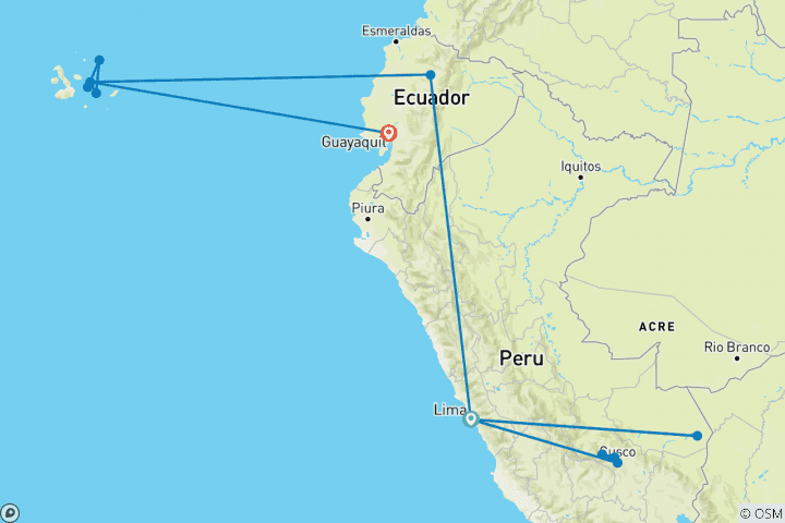 Map of Peru Splendors with Peru's Amazon & Galápagos Cruise