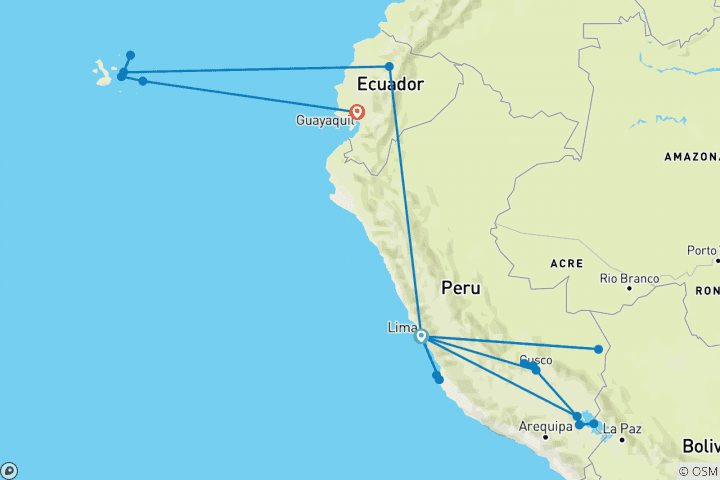 Map of Legacy of the Incas with Peru's Amazon & Galápagos Cruise