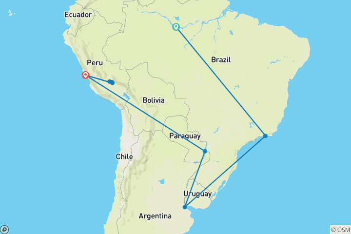 Carte du circuit L'esprit de l'Amérique du Sud avec le Brésil et l'Amazonie