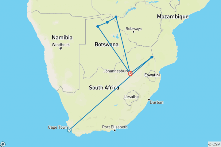 Map of Splendors of South Africa & Victoria Falls with Botswana