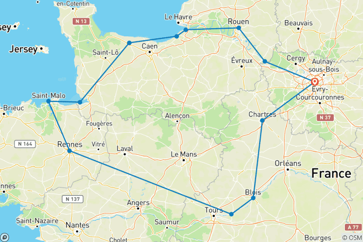 Carte du circuit Paris, la Normandie et la Loire